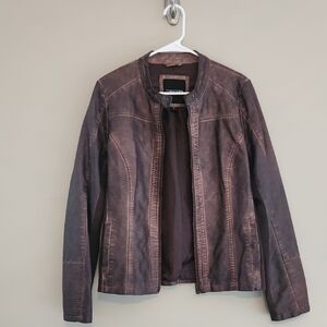 Maurices Distressed Brown Faux Leather Bomber Jacket